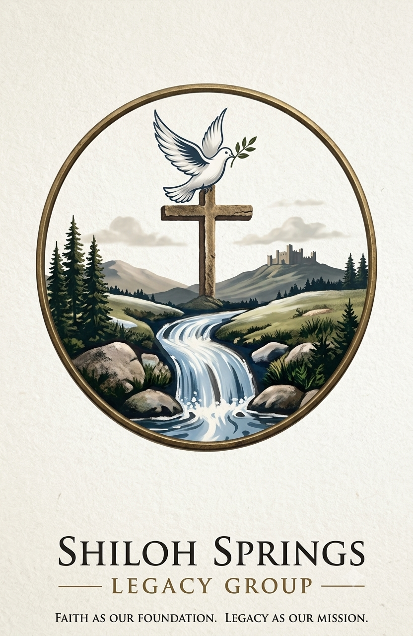 Shiloh Springs Legacy Group logo with dove, cross, waterfall, and mountains in a circular emblem