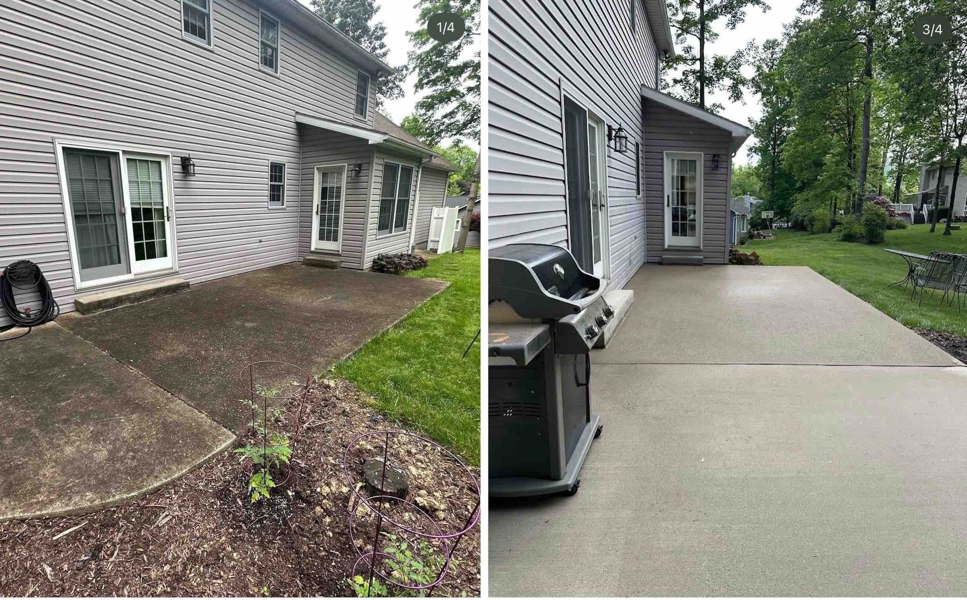House exterior with muddy side yard on the left and a clean concrete patio and grill on the right.