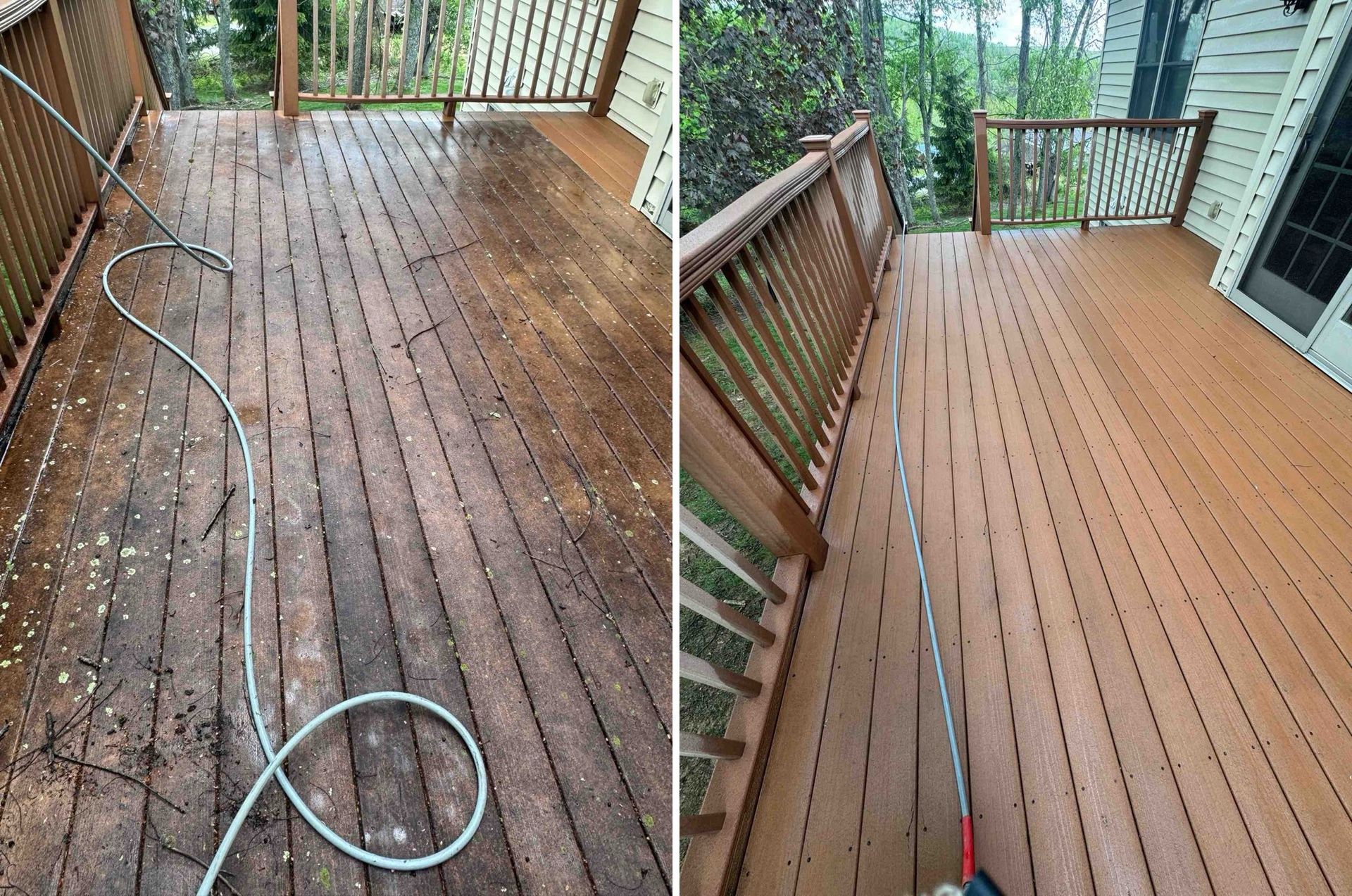 Before-and-after view of a weathered wooden deck being power washed, with a hose visible.