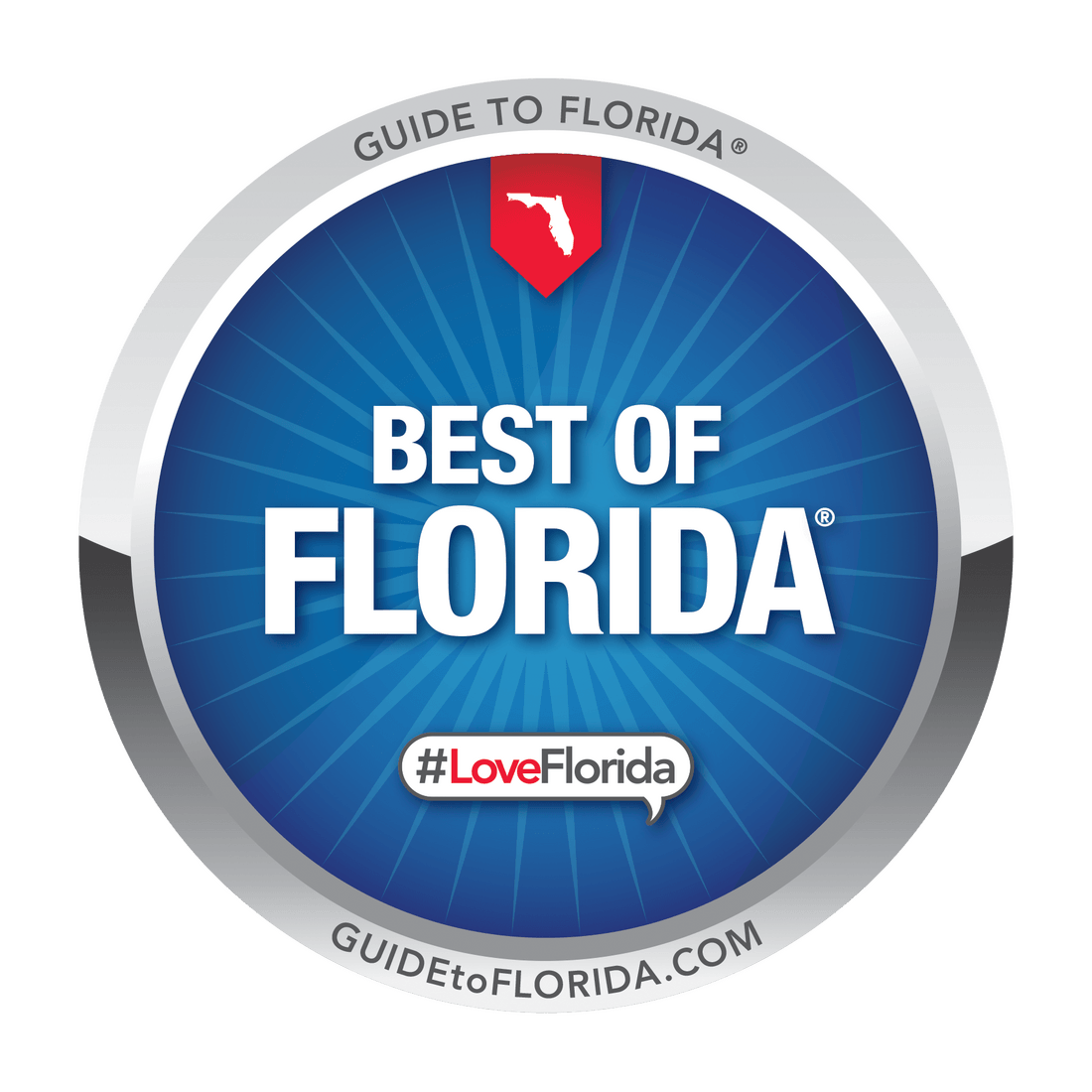 Blue circular “Best of Florida” badge with red Florida icon and #LoveFlorida text