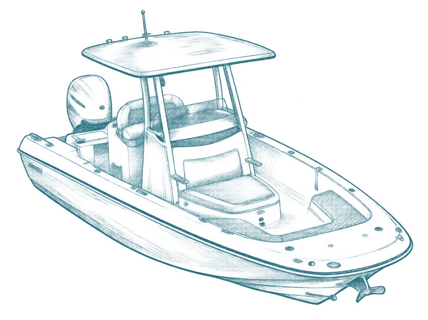 Blue line drawing of a motorboat with a canopy and seats on calm water