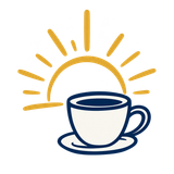White coffee cup and saucer with navy outline in front of a yellow sunrise