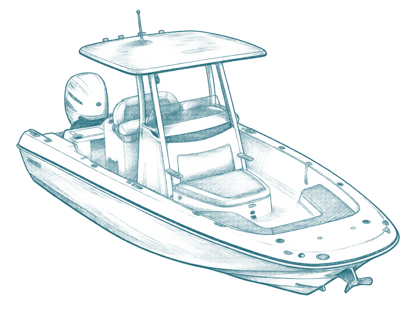 Blue line drawing of a motorboat with a canopy and seats on calm water