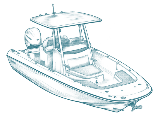Blue line drawing of a motorboat with a canopy and seats on calm water