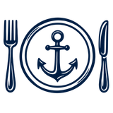 Navy anchor on a plate between a fork and knife, a nautical dining logo