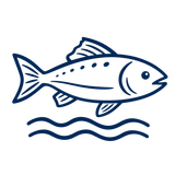 Blue outline of a fish swimming above wavy water lines