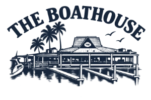Logo of The Boathouse with a waterfront building, palm trees, dock, and birds in navy blue