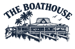 Logo of The Boathouse with a waterfront building, palm trees, dock, and birds in navy blue