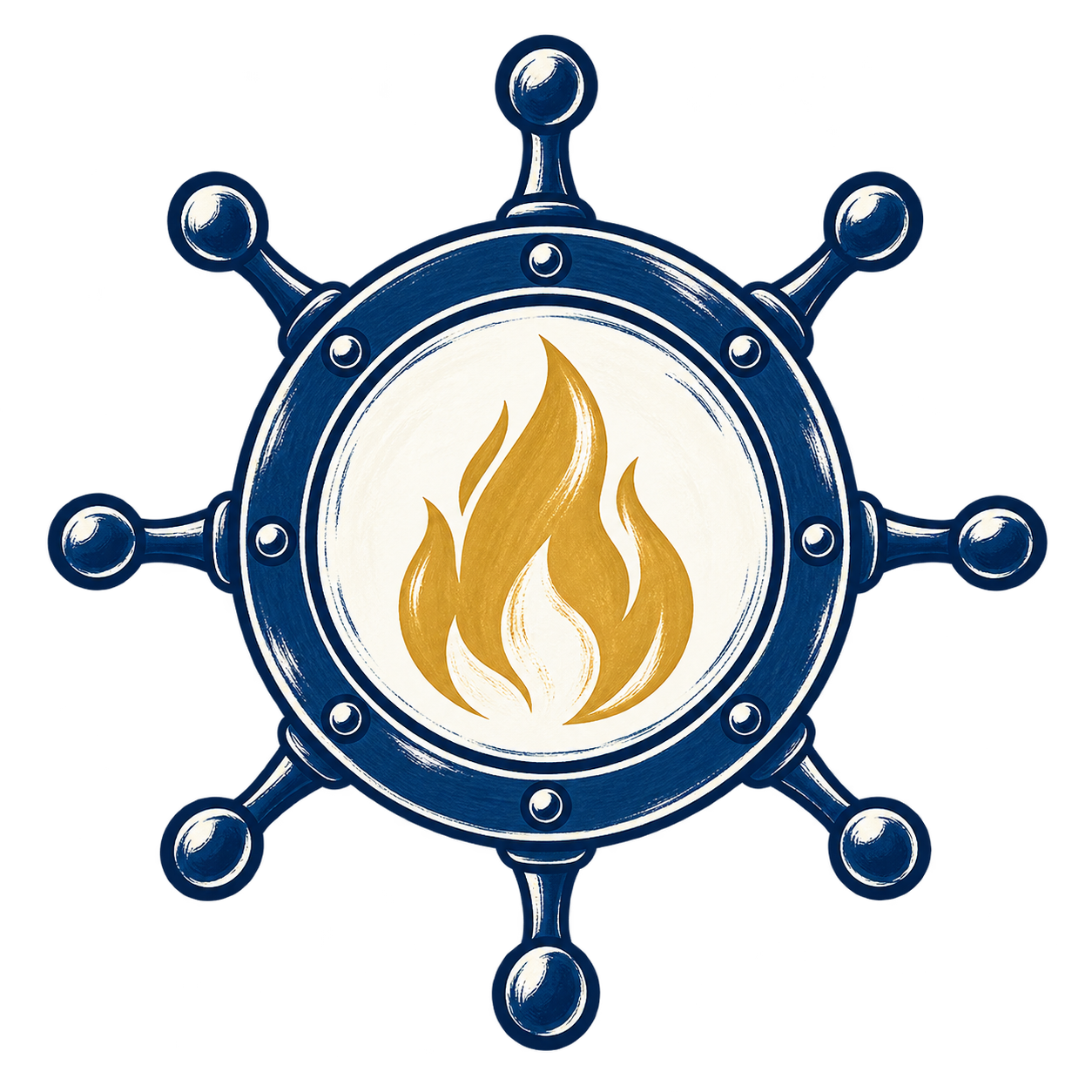 Blue ship wheel with a gold flame emblem in the center