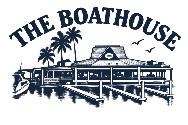 Logo of The Boathouse with a waterfront building, palm trees, dock, and birds in navy blue