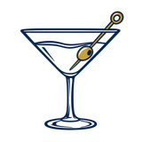 Sketch of a martini glass with a gold cocktail pick and olive on a white background