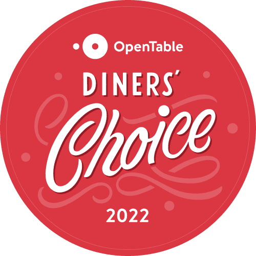 Red OpenTable Diners’ Choice 2022 award badge with white text and swirls