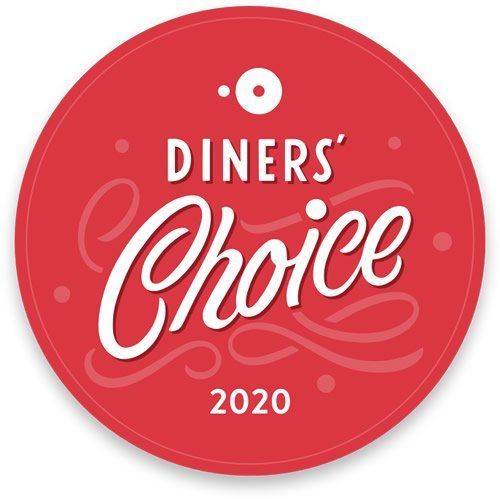 Red circular “Diners’ Choice 2020” award badge with white text