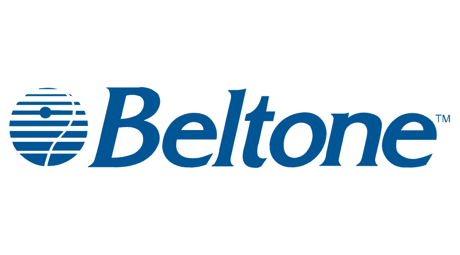 Il logo blu dell'azienda Beltone, con l'icona di un globo stilizzato a sinistra del nome del marchio.