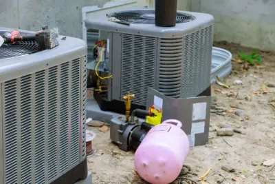 A couple of air conditioners sitting next to each other on the ground.