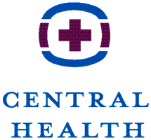 Logo for Central Health: Blue and purple cross within a blue circle above the words