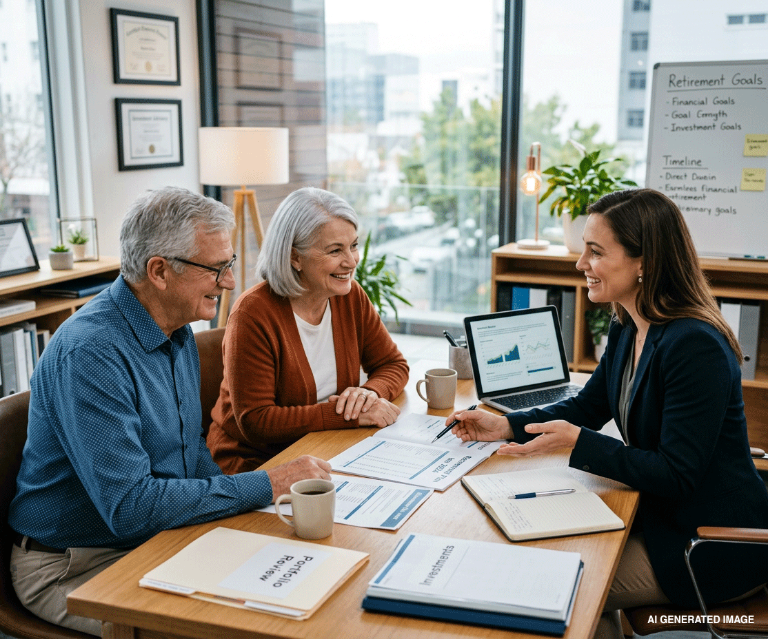 Three people discuss documents and a laptop around a table in a bright office meeting room.