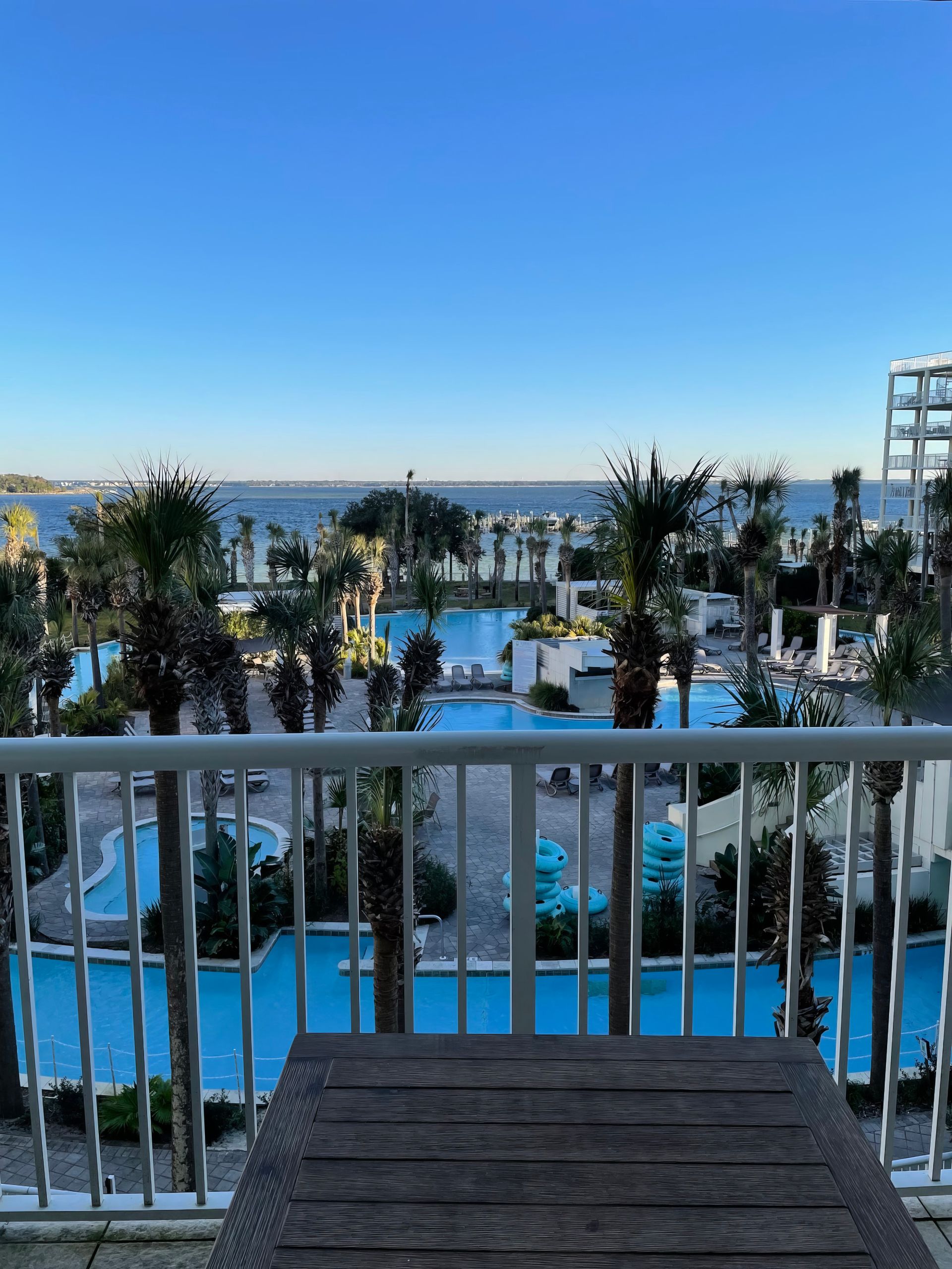 Balcony view of a resort pool, palm trees, and ocean under a clear blue sky