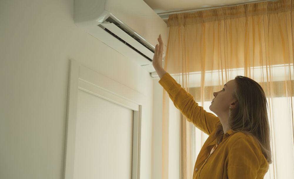 A woman is adjusting her air conditioner in a living room.