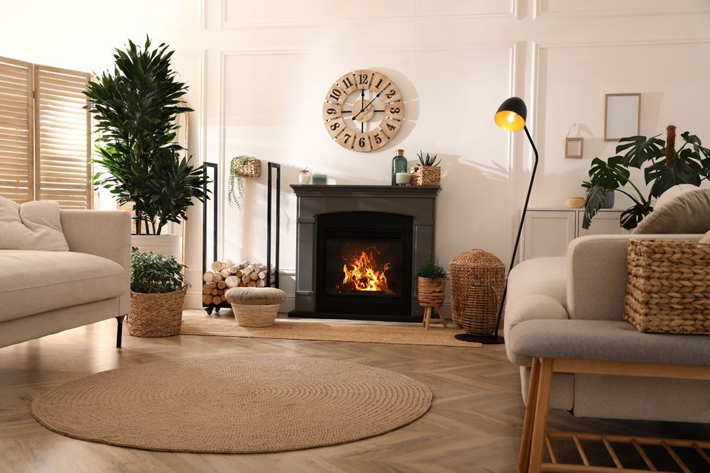 A living room with a fireplace and a clock on the wall.