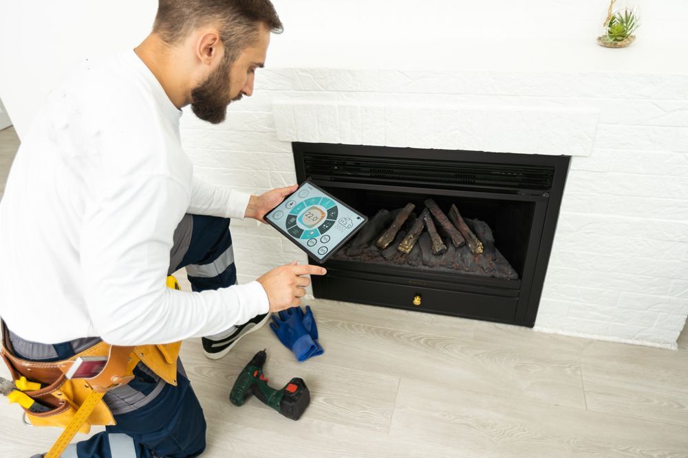 A man is kneeling down in front of a fireplace while using a tablet.