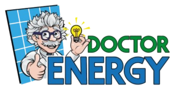 Logo di Doctor Energy: uno scienziato sorridente con una lampadina e il pollice alzato, davanti a un pannello solare. Testo blu e verde.