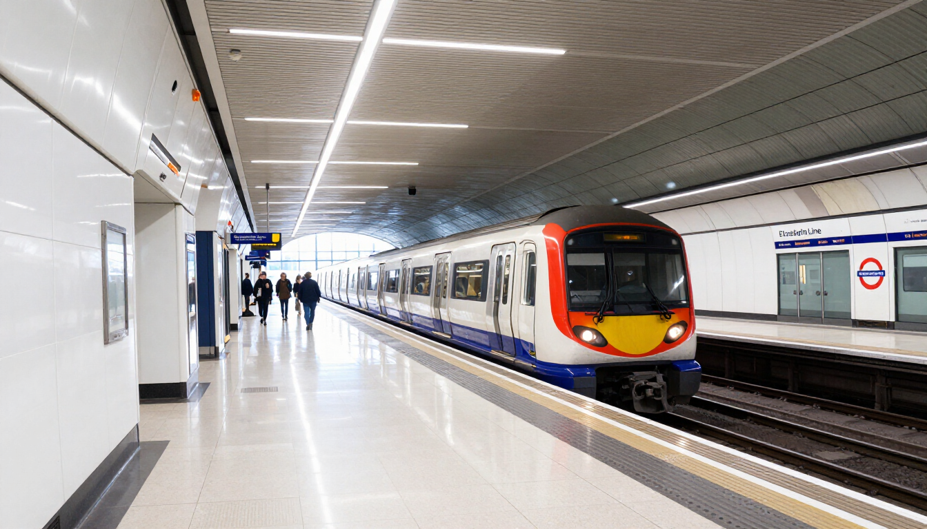 Photorealistic modern interior of a London Underground station with clean lines and a train arriving