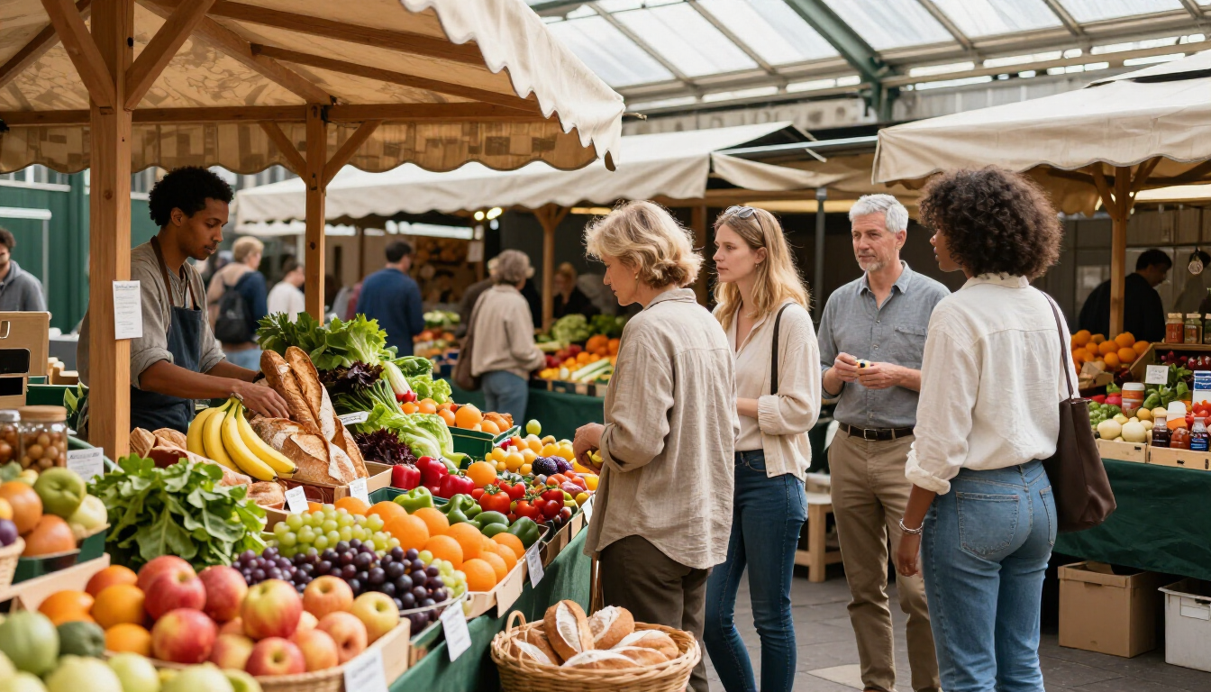 Photorealistic vibrant London street market in Borough with fresh produce and happy crowds