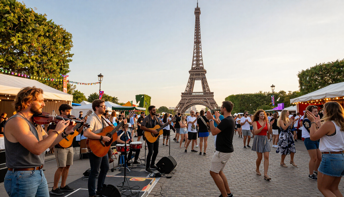 Musicians performing on a Parisian street during World Music Day festival.