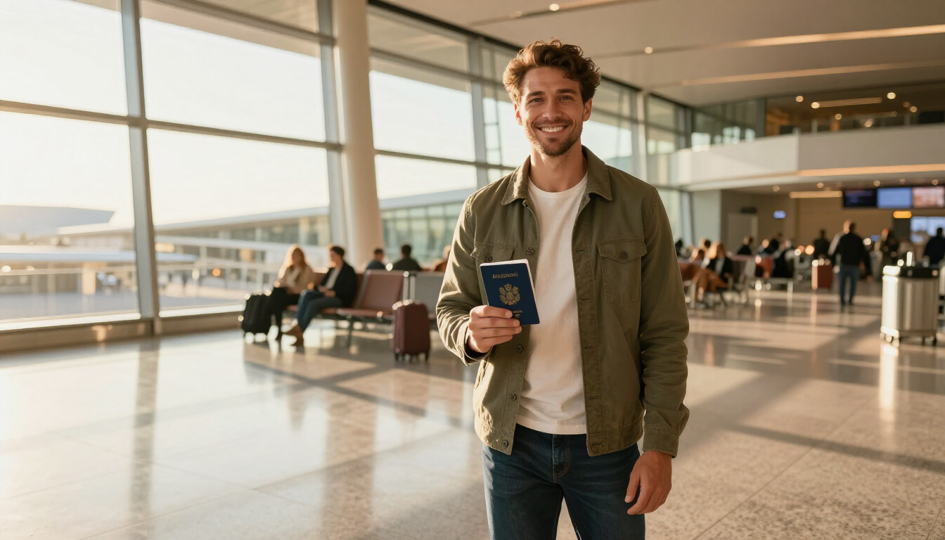 A traveler prepares for their first flight at the airport.