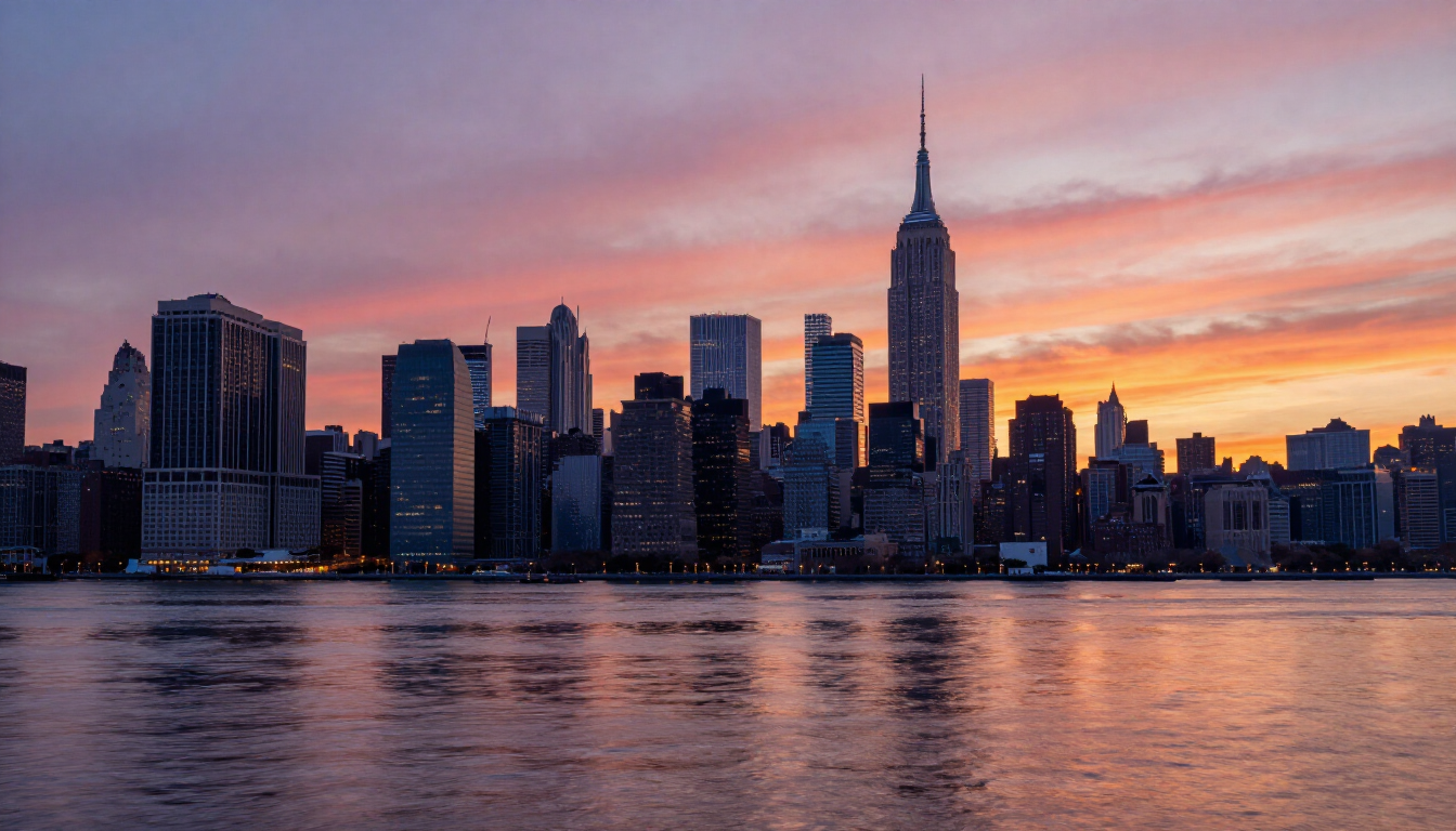 Iconic view of the New York City skyline at dusk