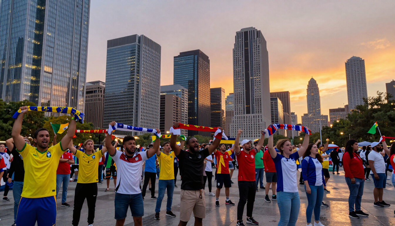Modern US City Skyline with Fans