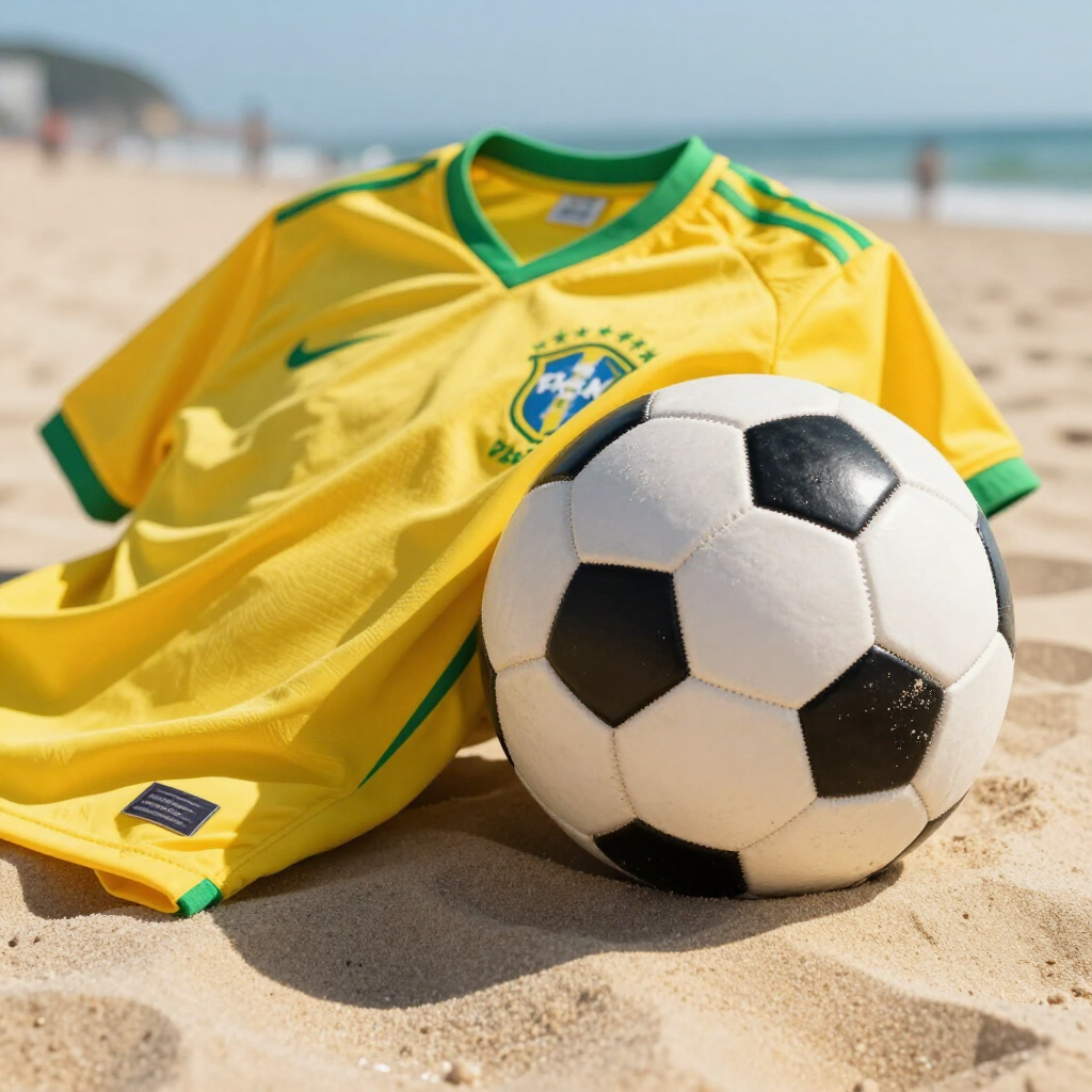 A Brazilian football jersey and a ball on the sunny sands of Copacabana Beach.