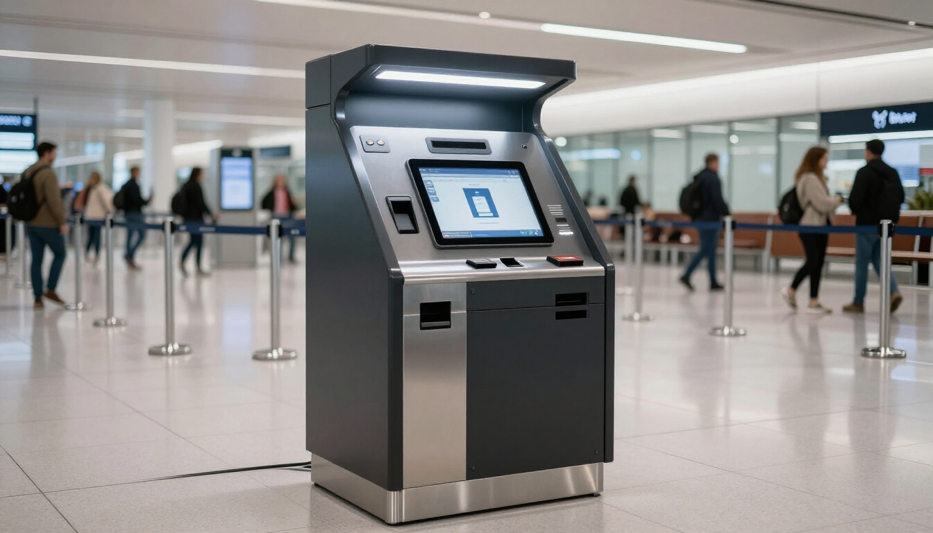 A traveler using a biometric scanner at a European border gate.