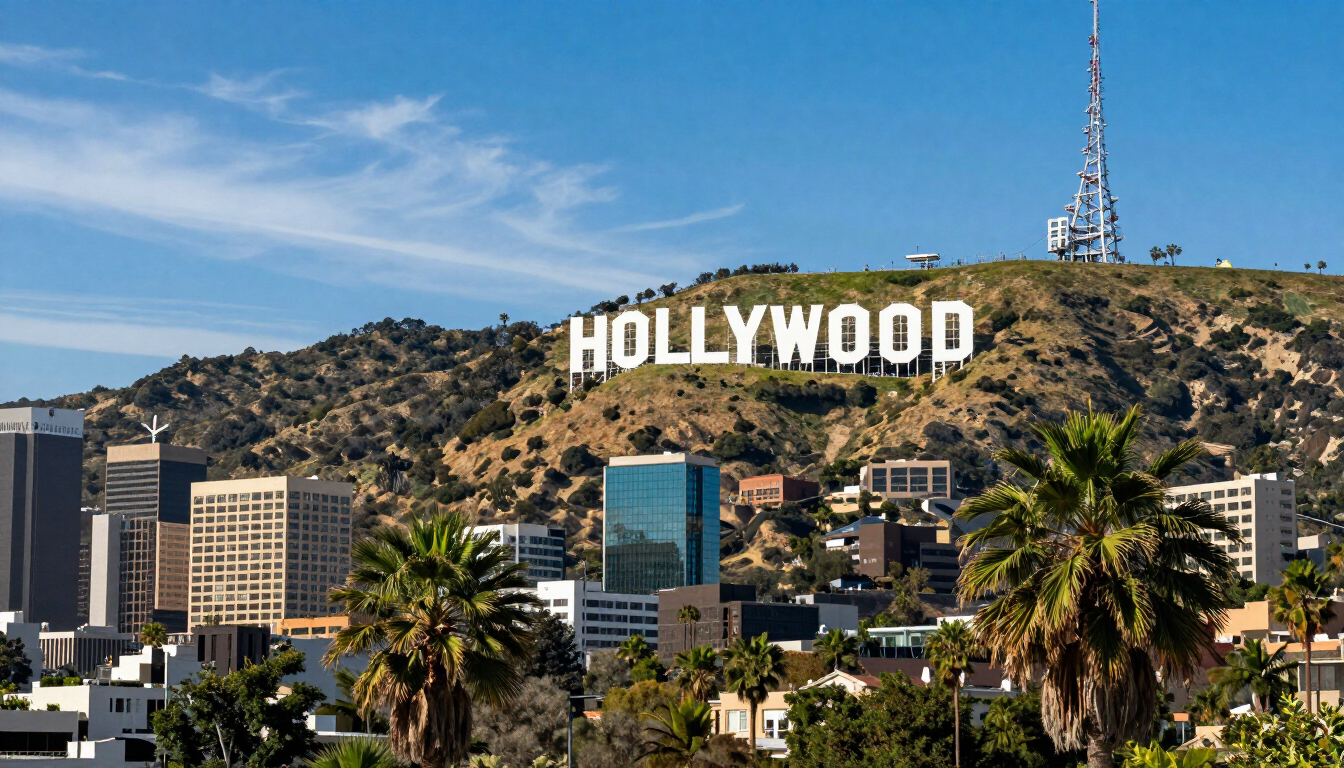 The Hollywood Sign overlooking Los Angeles under a clear blue sky.
