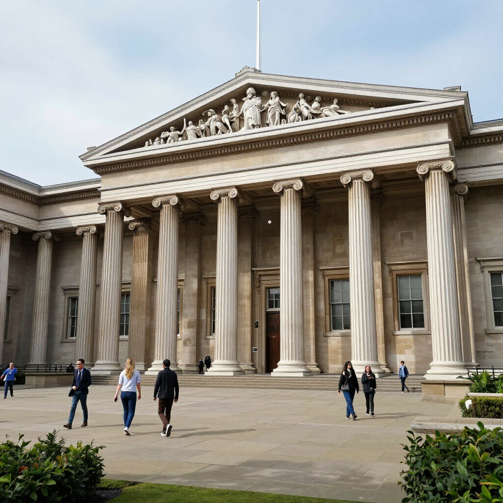Neoclassical museum facade with tall columns and a triangular pediment, people walking in front