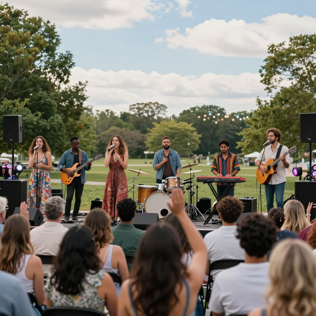 Outdoor concert with six musicians performing on stage before a seated crowd in a park