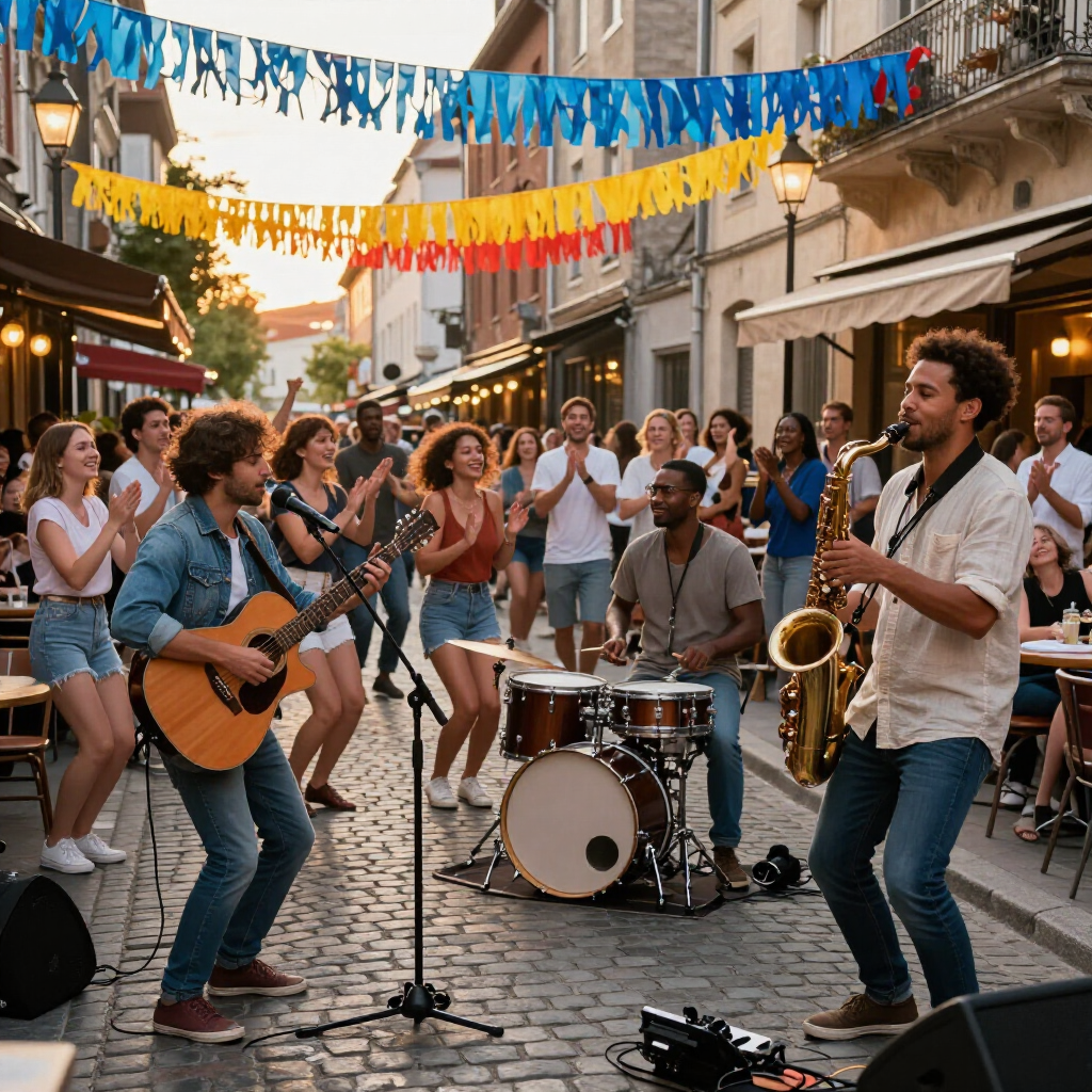 Street band performing on a festive cobblestone street with guitars, drums, and saxophone under colorful banners