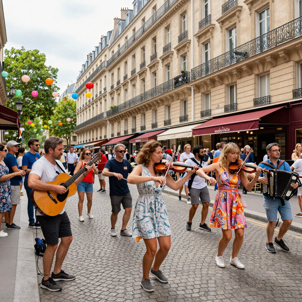 Street musicians and dancers performing on a cobblestone Paris street with historic buildings