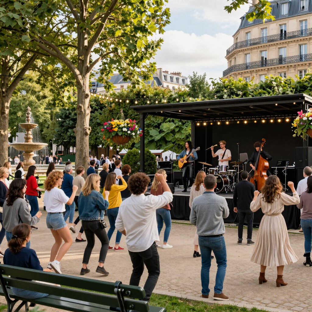 Crowd dancing and watching a live band on an outdoor stage in a city park.