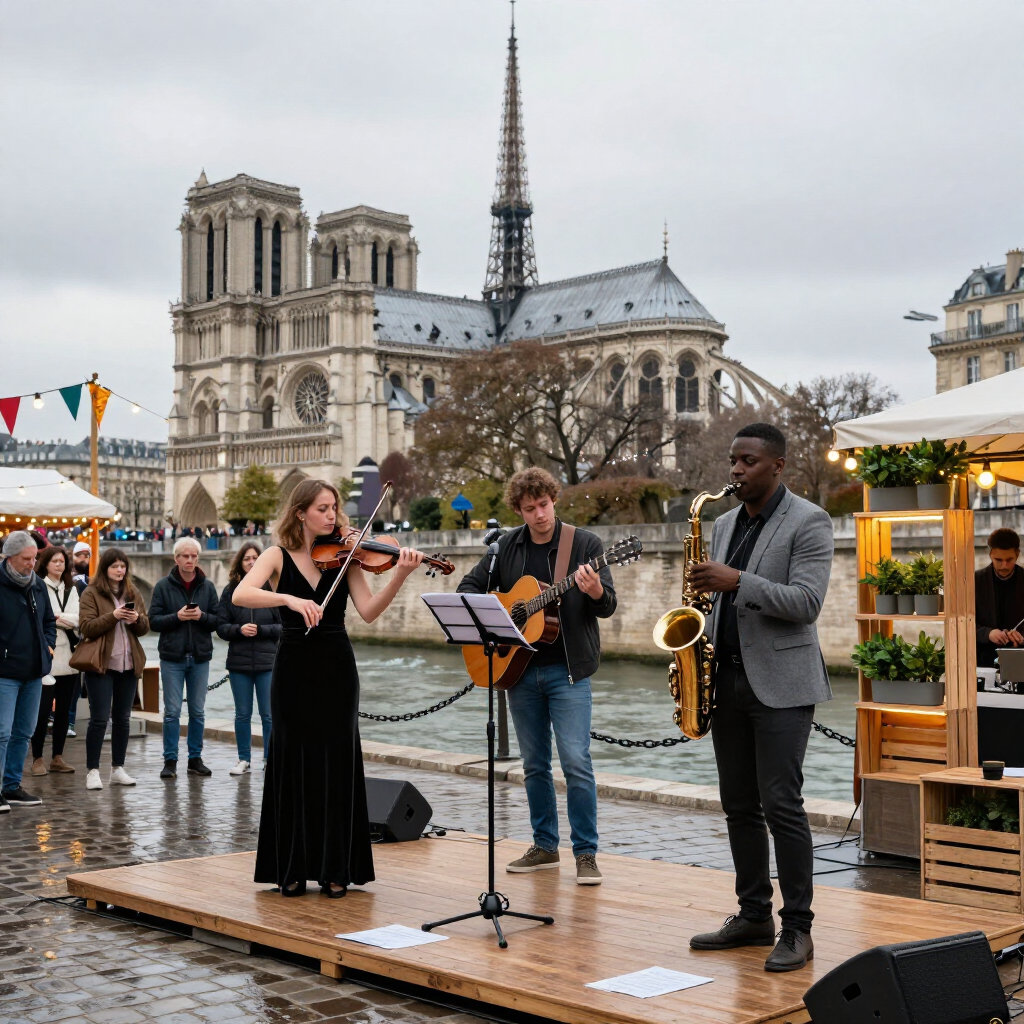 Street musicians perform on a wet plaza in front of Notre-Dame Cathedral, with onlookers gathered nearby.