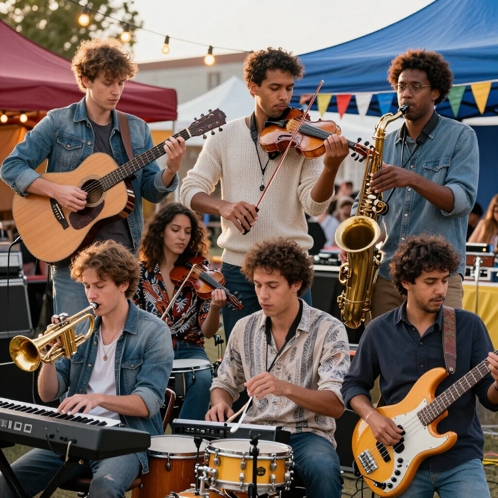 Live band performing outdoors under a tent, with guitar, violin, saxophone, keyboard, trumpet, and drums.
