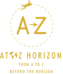 Gold “A to Z Horizon” logo with plane over a dotted circle and the tagline “From A to Z, beyond the horizon.”