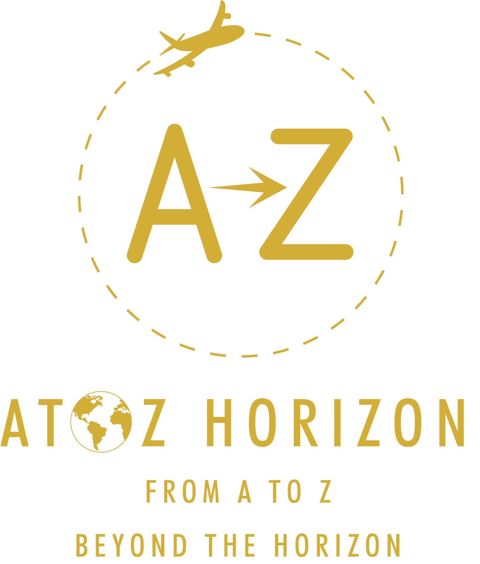 Gold “A to Z Horizon” logo with plane over a dotted circle and the tagline “From A to Z, beyond the horizon.”