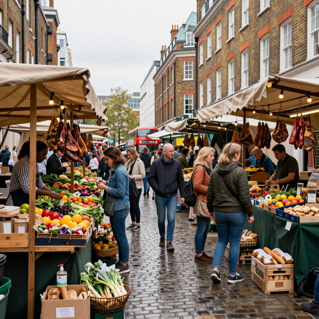 Busy outdoor market street with stalls of colorful produce and shoppers on a wet cobblestone lane