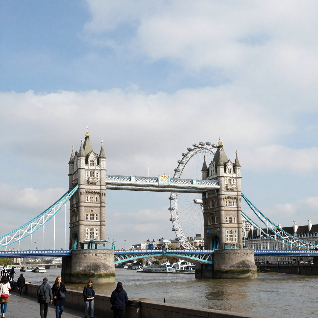 Tower Bridge over the River Thames with pedestrians and a boat passing underneath under a cloudy sky
