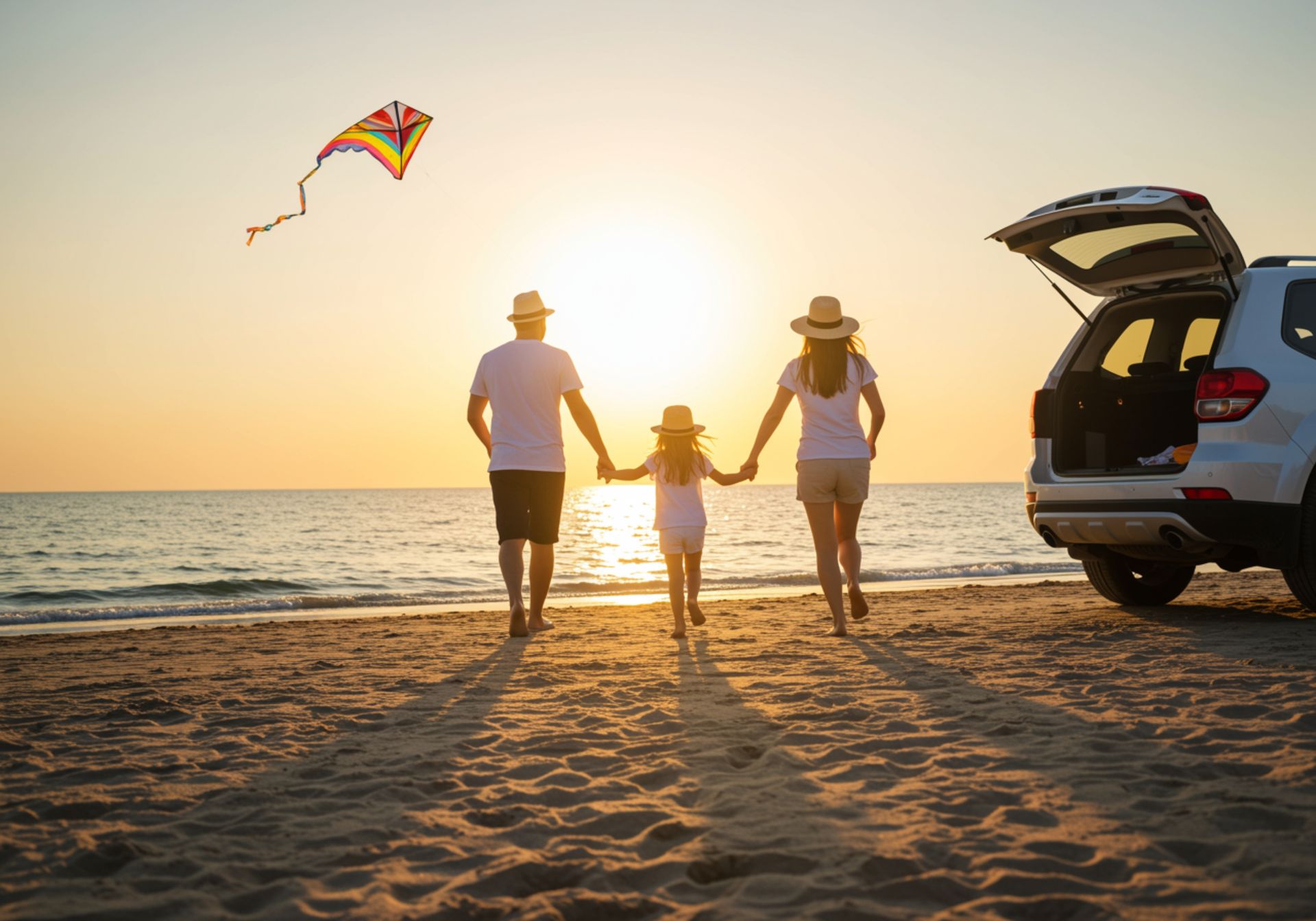 Family holding hands on a beach at sunset, with a kite flying and a car by the shore