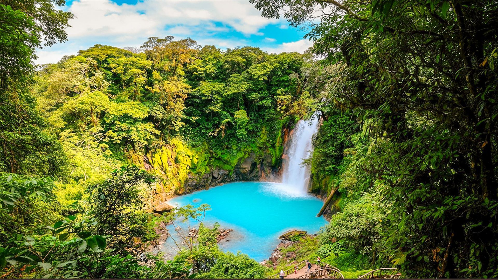 Tropical waterfall pouring into a bright blue pool amid lush green forest