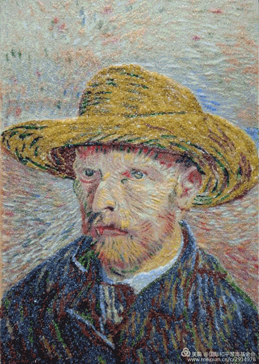 Portrait of a man wearing a straw hat; depicts Vincent van Gogh, with textured brushstrokes in shades of yellow, blue, and brown.