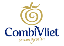 Logo voor CombiVliet met een gouden, spiraalvormige tomaat en donkerblauwe tekst.